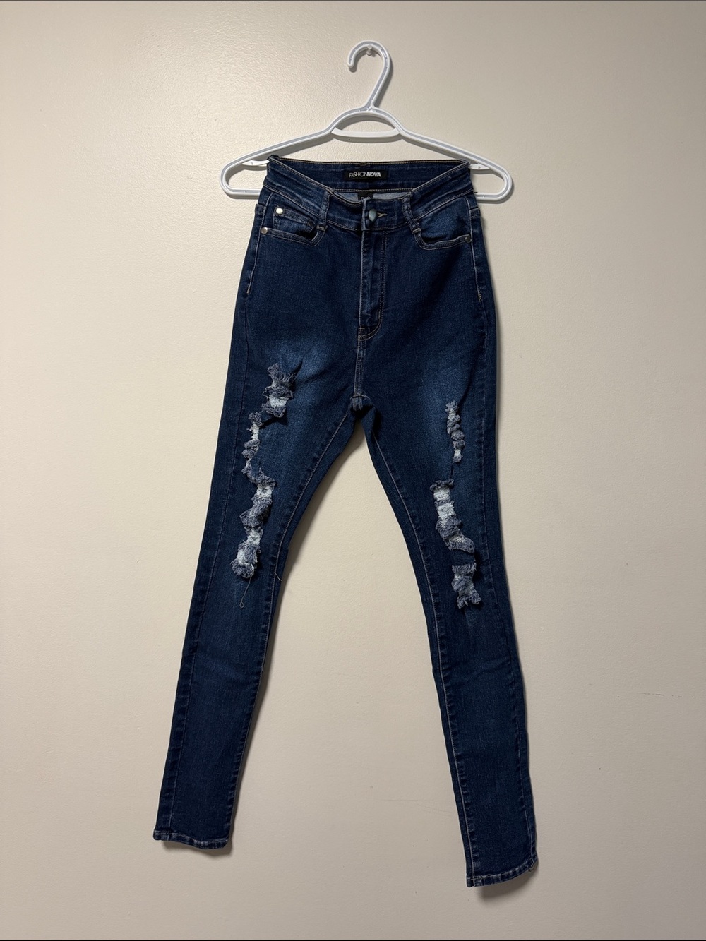 Fashion Nova Dark Indigo Distressed High-Rise Skinny Jeans